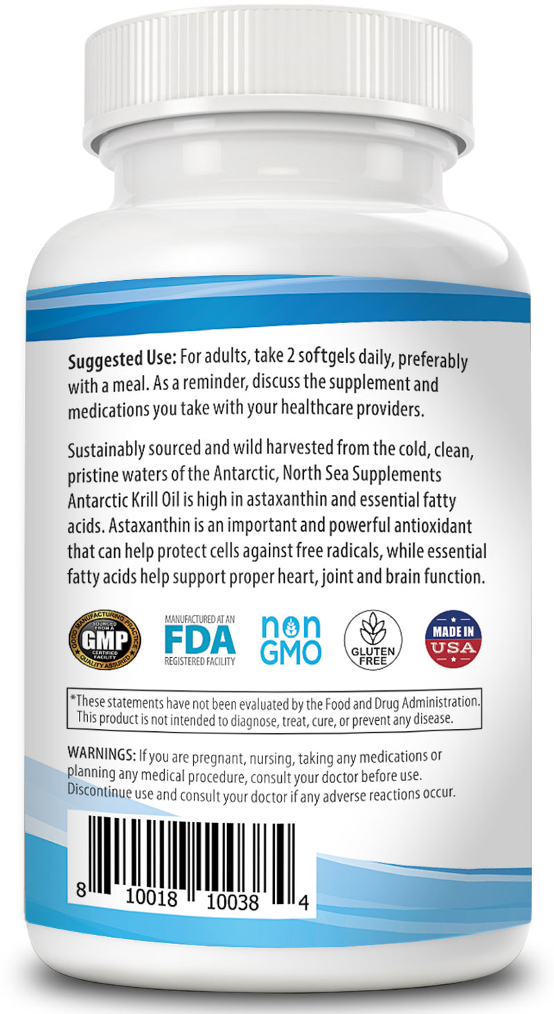 North Sea Supplements Ultra Premium Antarctic Krill Oil - 60 Softgel - Omega-3 with EPA & DHA plus 800mg Astaxanthin - Support for Joint and Brain Health - No Fishy After Taste & Easy to Swallow