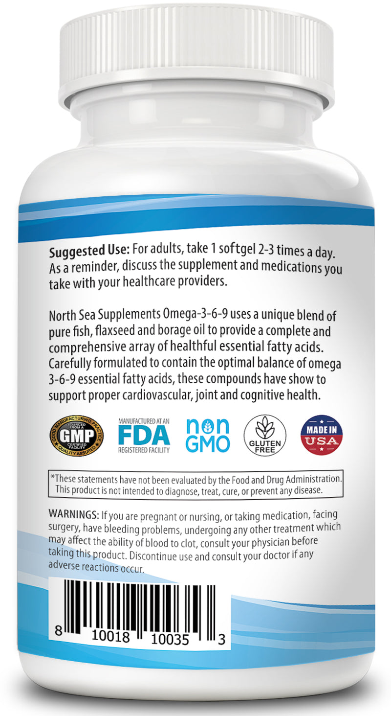 North Sea Supplements Triple Source Omega 3-6-9 120 Softgel - Support for Heart, Joint & Skin Health - Includes Flaxseed OIl & Borage Oil - Contains EPA & DHA - Omega 3 Fatty Acids