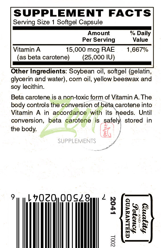 Zen Supplements - Beta-Carotene 25000IU Supports Healthy Vision & Immune System and Healthy Growth 100-Softgel