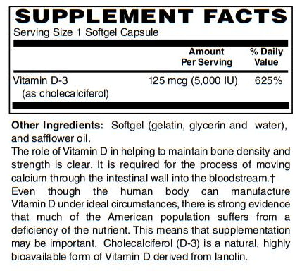Vitamin D-3  5000 IU 100-Softgel - Supports Healthy Muscle Function, Bone Health & Immune Support
