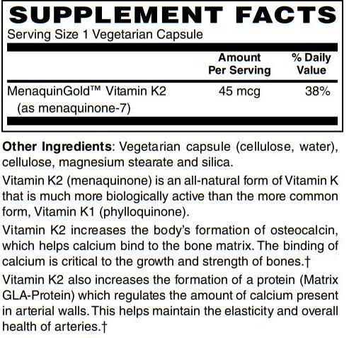 Zen Supplements - Vitamin K2 45Mg MenaquinGold® Natural Vitamin MK-7 - Provides Cardiovascular Support & Bone Health Support 60-Vegcaps