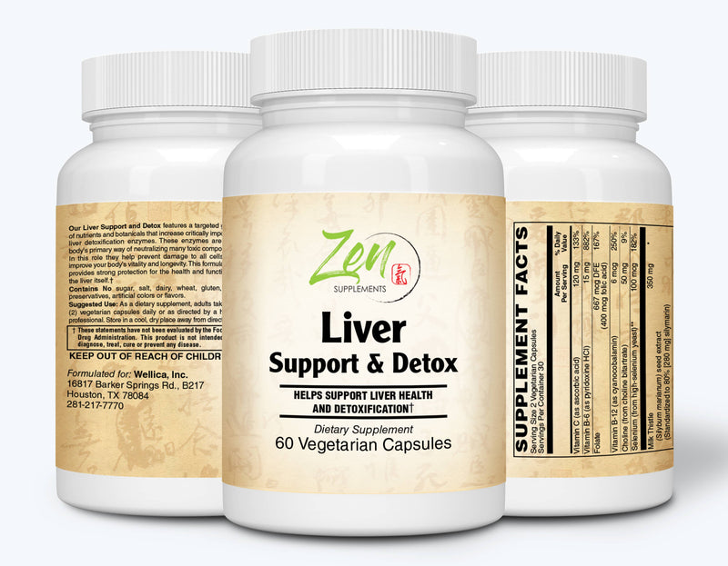 Zen Supplements - Liver Support & Detox Promotes Optimum Health including Milk Thistle, Artichoke, Burdock Root, Yellow Dock, Selenium, Turmeric, Vitamin C, B-6, B-12, Choline, N-Acetyl-Cysteine 60-Vegcaps