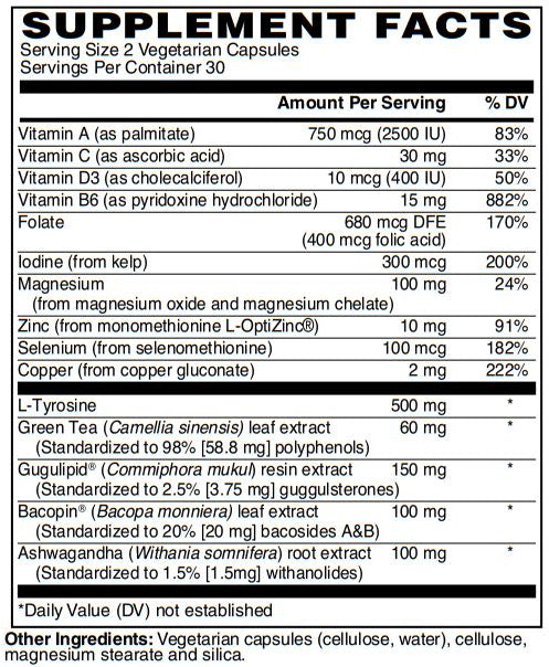 Zen Supplements - Thyroid Support - Promotes Metabolism from Green Tea, Energy & Focus from Ashwagundha, Bacopa & L-Tyrosine to Boost Concentration, Memory, Mood & Clear Brain Fog and GuguLipid for Cholesterol 60-Vegcaps