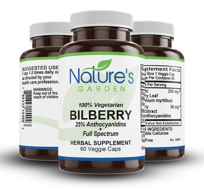 Nature's Garden - Bilberry - 60 Veggie Caps - Full Spectrum Wild Harvest Bilberry Leaf & Concentrated Extract.