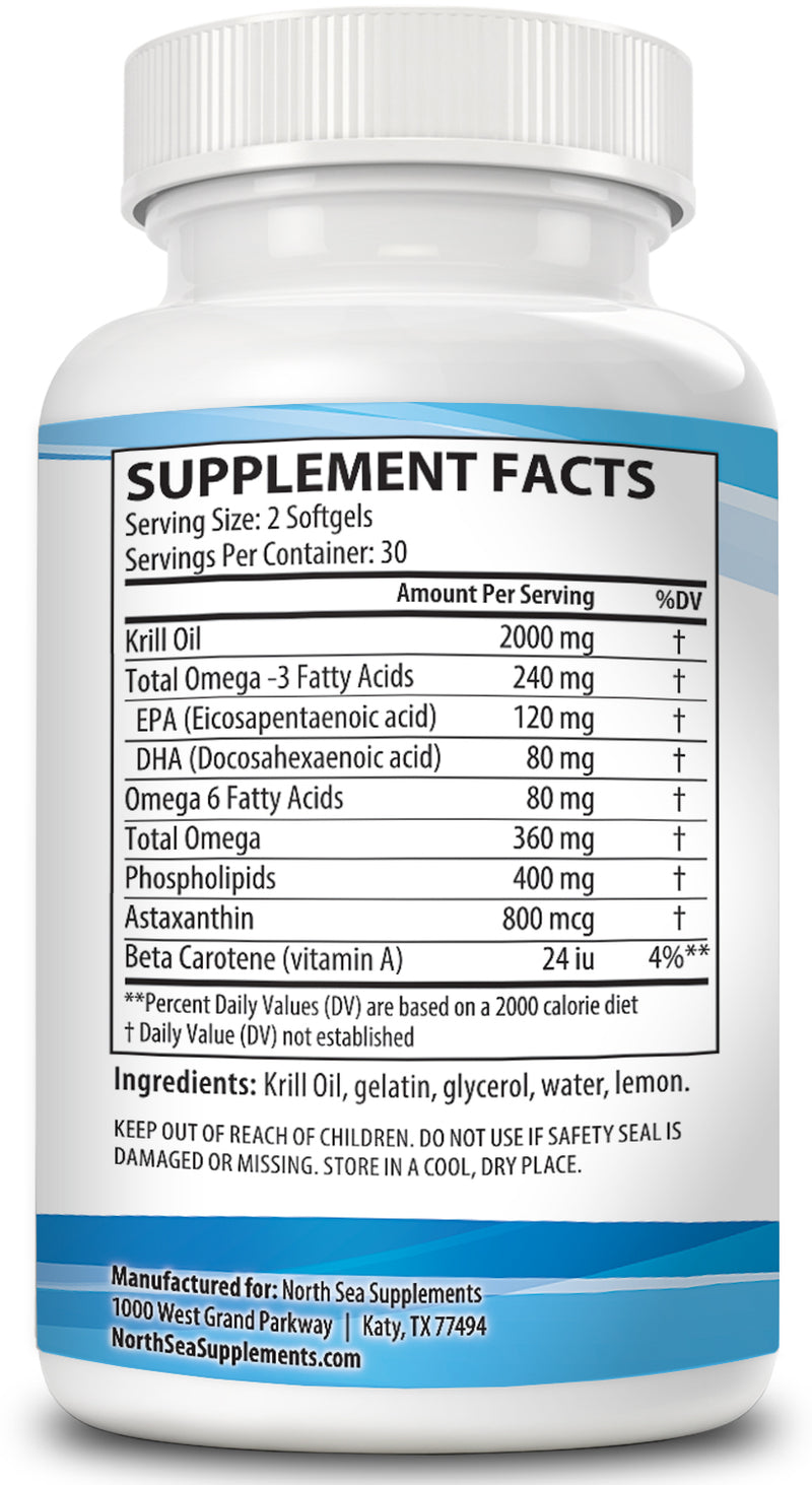 North Sea Supplements Ultra Premium Antarctic Krill Oil - 60 Softgel - Omega-3 with EPA & DHA plus 800mg Astaxanthin - Support for Joint and Brain Health - No Fishy After Taste & Easy to Swallow