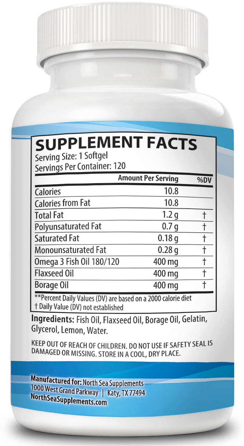 North Sea Supplements Triple Source Omega 3-6-9 120 Softgel - Support for Heart, Joint & Skin Health - Includes Flaxseed OIl & Borage Oil - Contains EPA & DHA - Omega 3 Fatty Acids