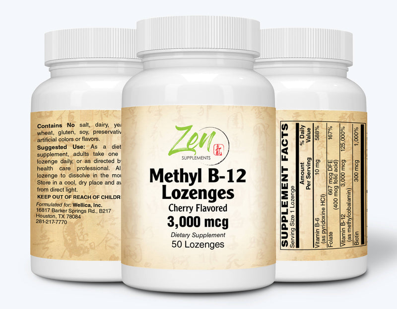 Zen Supplements - Methyl B-12 Lozenges 3000 Mcg Supports Energy & Metabolism, Brain & Neurological Function, & Cardiovascular Heart Health 50-Lozenge