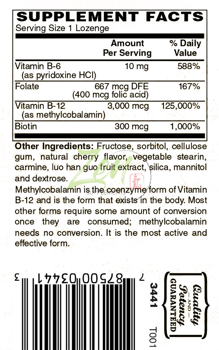 Zen Supplements - Methyl B-12 Lozenges 3000 Mcg Supports Energy & Metabolism, Brain & Neurological Function, & Cardiovascular Heart Health 50-Lozenge