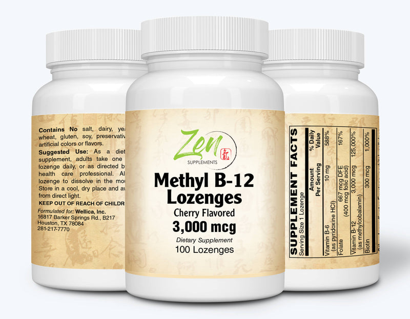 Zen Supplements - Methyl B-12 Lozenges With B-6, Folic Acid and Biotin 3000 Mcg - Supports Energy & Metabolism, Brain & Neurological Function, & Cardiovascular Heart Health 100-Lozenge