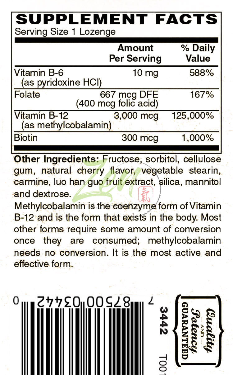 Zen Supplements - Methyl B-12 Lozenges With B-6, Folic Acid and Biotin 3000 Mcg - Supports Energy & Metabolism, Brain & Neurological Function, & Cardiovascular Heart Health 100-Lozenge