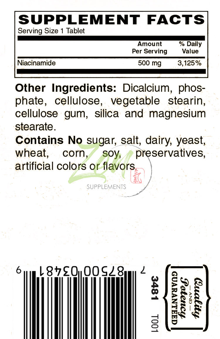 Zen Supplements - Niacinamide 500 Mg Vitamin B3, to Support Cardiovascular Health, Supports Healthy Skin and Joints, & Promotes Metabolism of Glucose 100-Tabs