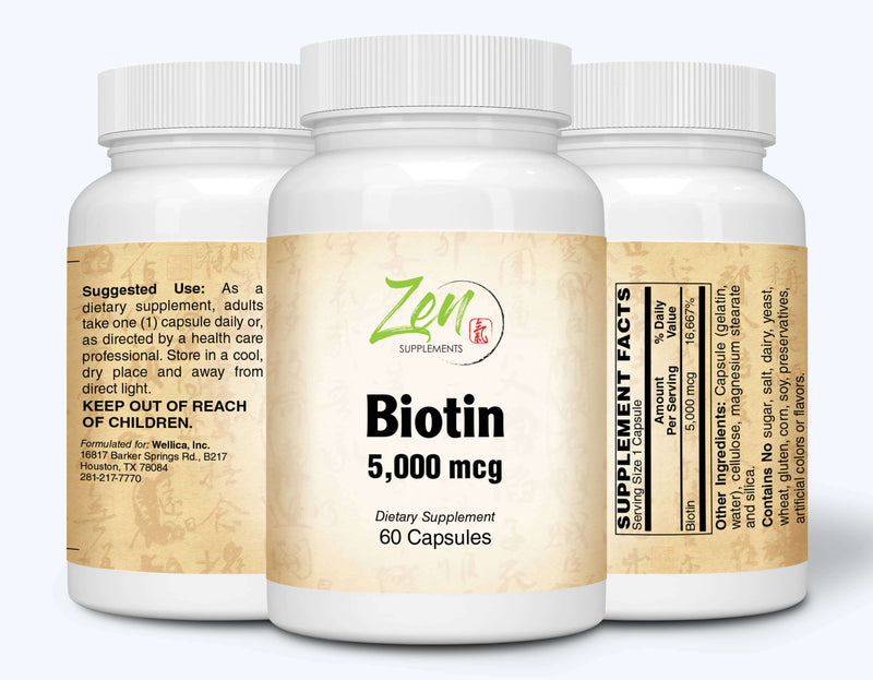 Zen Supplements - Biotin 5000 Mcg 60-Caps - Supports Healthy Hair, Skin & Nails in Individuals w/ Biotin Deficiency - May Provide for Hair Growth