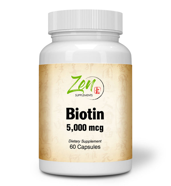 Zen Supplements - Biotin 5000 Mcg 60-Caps - Supports Healthy Hair, Skin & Nails in Individuals w/ Biotin Deficiency - May Provide for Hair Growth