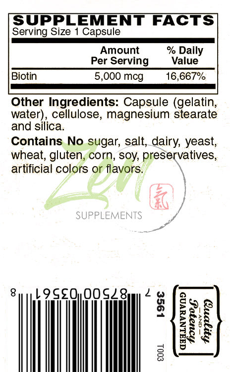 Zen Supplements - Biotin 5000 Mcg 60-Caps - Supports Healthy Hair, Skin & Nails in Individuals w/ Biotin Deficiency - May Provide for Hair Growth