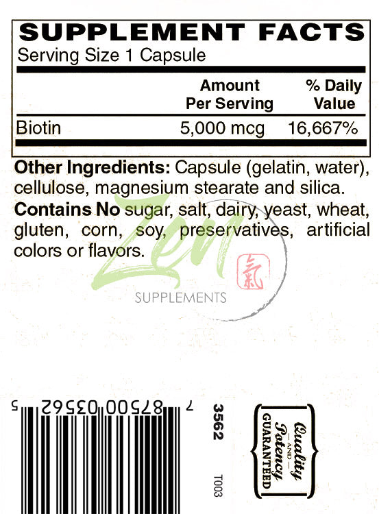 Zen Supplements - Biotin 5000 Mcg 120-Caps - Supports Healthy Hair, Skin & Nails in Individuals w/ Biotin Deficiency - May Provide for Support Hair Growth