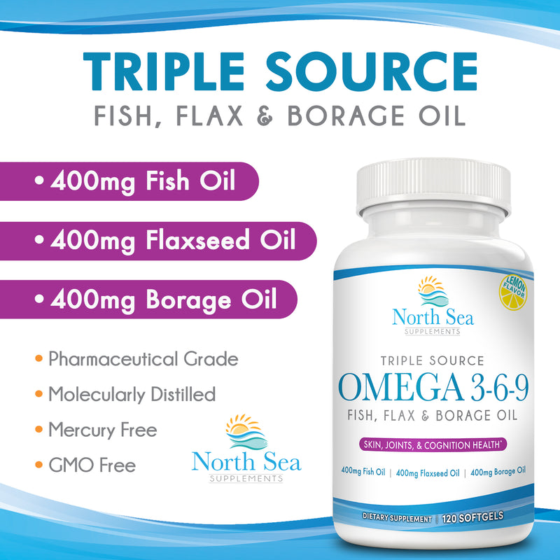 North Sea Supplements Triple Source Omega 3-6-9 120 Softgel - Support for Heart, Joint & Skin Health - Includes Flaxseed OIl & Borage Oil - Contains EPA & DHA - Omega 3 Fatty Acids