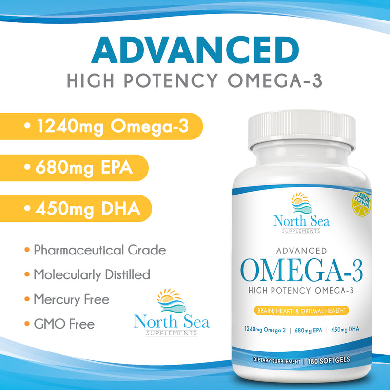 North Sea Supplements Advanced Omega-3 High Potency 180 Softgel - Contains Omega-3, EPA, & DHA in a Burpless, Non-GMO, 2 Capsule Serving - Supports Heart Health, Promotes Brain & Immune Health