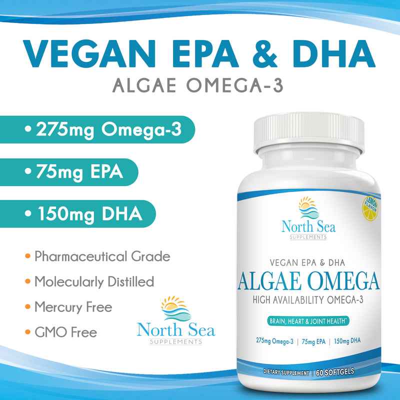 North Sea Supplements Vegan Algae Omega-3 60 Softgels - Plant Based Alternative to Fish Oil - Supports Heart, Brain, Joint Health - Sustainably Sourced Omega-3 from Algae - DHA & EPA Fatty Acids