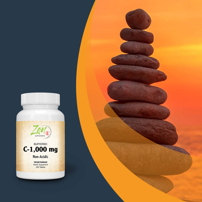 Zen Supplements - Buffered Vitamin C-1000 Mg W/ Bioflavinoids 250-Tabs - Easy on Sensitive Stomachs - Calcium Buffered Vitamin C with High Absorption Ascorbic Acid Supports Immune System, Collagen Booster & Powerful Antioxidant