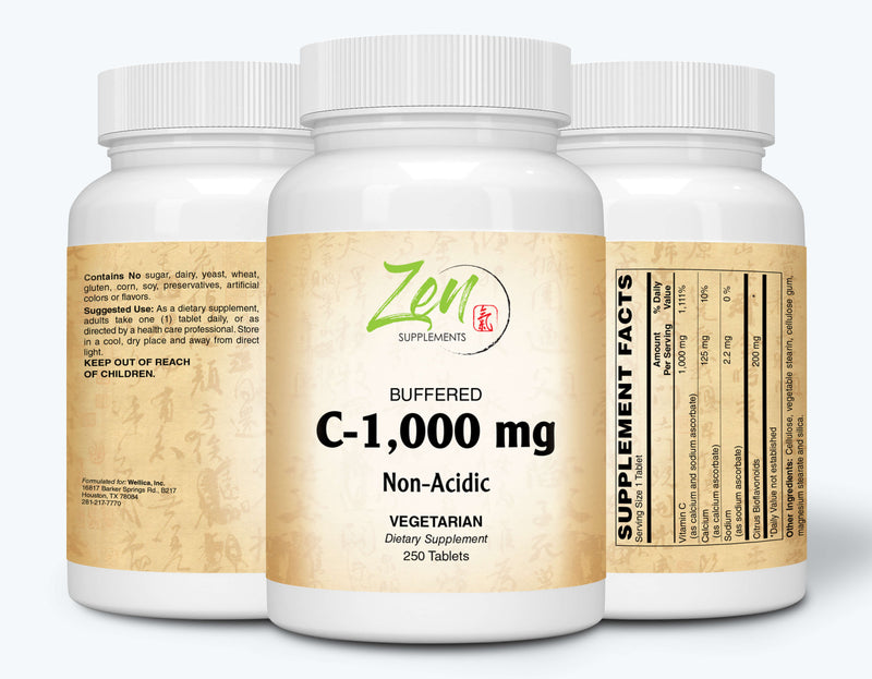 Zen Supplements - Buffered Vitamin C-1000 Mg W/ Bioflavinoids 250-Tabs - Easy on Sensitive Stomachs - Calcium Buffered Vitamin C with High Absorption Ascorbic Acid Supports Immune System, Collagen Booster & Powerful Antioxidant