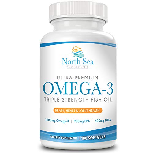 North Sea Supplements Triple Strength Omega-3 180 Softgel - Contains Omega-3 with EPA & DHA in a Burpless, Non-GMO, 2 Capsule Serving - Supports Heart, Brain, and Immune Health