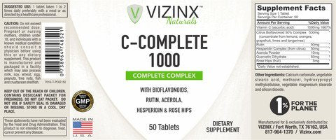 Vizinx C-Complete 1000 MG - Includes Quercetin, Rose Hips, Rutin, Acerola, Hesperidin with Citrus Bioflavonoids from Lemons, Oranges & Grapefruit, Protects Against Free Radical Damage, 50 Tablets