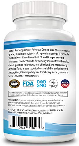 North Sea Supplements Advanced Omega-3 High Potency 180 Softgel - Contains Omega-3, EPA, & DHA in a Burpless, Non-GMO, 2 Capsule Serving - Supports Heart Health, Promotes Brain & Immune Health