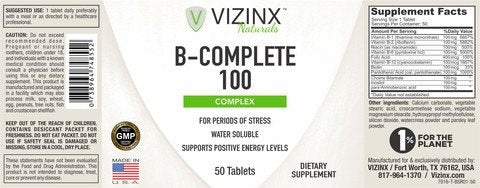 VIZINX B-100 Complete - Complex of Thiamine, Riboflavin, Niacinamide, Pantothenic Acid, Pyridoxine, Folic Acid, Cobalamin, and Biotin, Supports Reduction of Stress & Positive Energy Levels, 50 Tablets