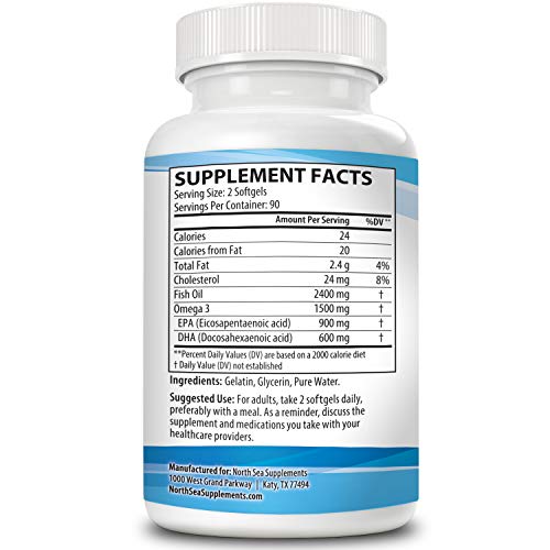 North Sea Supplements Triple Strength Omega-3 180 Softgel - Contains Omega-3 with EPA & DHA in a Burpless, Non-GMO, 2 Capsule Serving - Supports Heart, Brain, and Immune Health