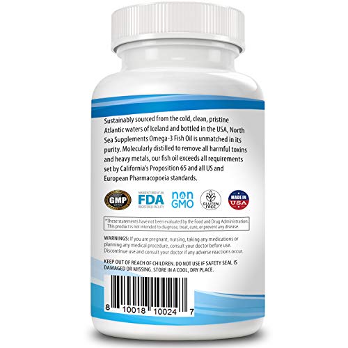 North Sea Supplements Triple Strength Omega-3 180 Softgel - Contains Omega-3 with EPA & DHA in a Burpless, Non-GMO, 2 Capsule Serving - Supports Heart, Brain, and Immune Health