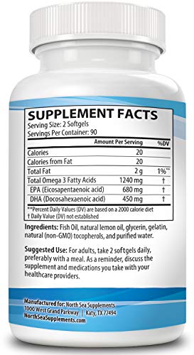 North Sea Supplements Advanced Omega-3 High Potency 180 Softgel - Contains Omega-3, EPA, & DHA in a Burpless, Non-GMO, 2 Capsule Serving - Supports Heart Health, Promotes Brain & Immune Health