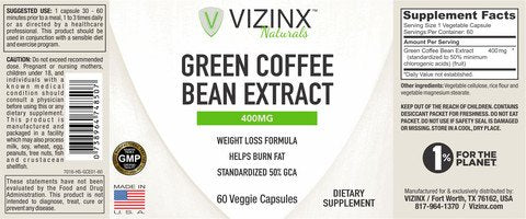 VIZINX Green Coffee Bean Extract 400 MG, 60 Veggie Caps. Suppress Your Appetite and Lose Weight Naturally. Supports as a Fat Blocker and Burner. Standardized to 50% Minimum chlorogenic acids.