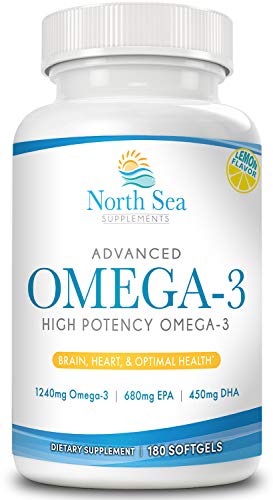 North Sea Supplements Advanced Omega-3 High Potency 180 Softgel - Contains Omega-3, EPA, & DHA in a Burpless, Non-GMO, 2 Capsule Serving - Supports Heart Health, Promotes Brain & Immune Health