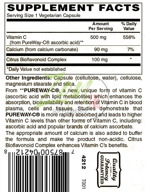 Zen Supplements - Pureway-C 500 Mg Buffered Vitamin C with 100mg bioflavinoids 120-Vegcaps