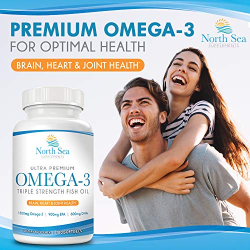 North Sea Supplements Triple Strength Omega-3 180 Softgel - Contains Omega-3 with EPA & DHA in a Burpless, Non-GMO, 2 Capsule Serving - Supports Heart, Brain, and Immune Health