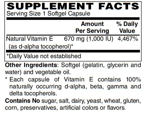 Vitamin E-1000 870mg 1000IU with Mixed Tocopherols - Supports overall Wellness & Immune Function, Promotes Beautiful Hair & Skin 100-Softgel