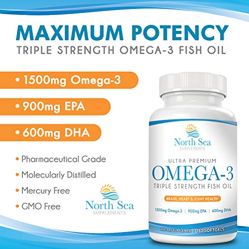 North Sea Supplements Triple Strength Omega-3 180 Softgel - Contains Omega-3 with EPA & DHA in a Burpless, Non-GMO, 2 Capsule Serving - Supports Heart, Brain, and Immune Health