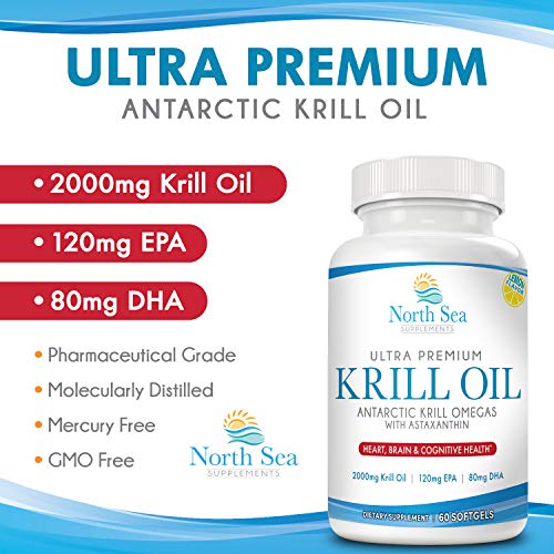 North Sea Supplements Ultra Premium Antarctic Krill Oil - 60 Softgel - Omega-3 with EPA & DHA plus 800mg Astaxanthin - Support for Joint and Brain Health - No Fishy After Taste & Easy to Swallow