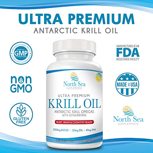 North Sea Supplements Ultra Premium Antarctic Krill Oil - 60 Softgel - Omega-3 with EPA & DHA plus 800mg Astaxanthin - Support for Joint and Brain Health - No Fishy After Taste & Easy to Swallow