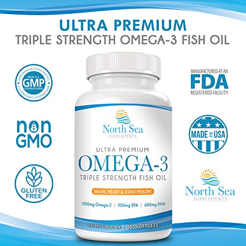 North Sea Supplements Triple Strength Omega-3 180 Softgel - Contains Omega-3 with EPA & DHA in a Burpless, Non-GMO, 2 Capsule Serving - Supports Heart, Brain, and Immune Health