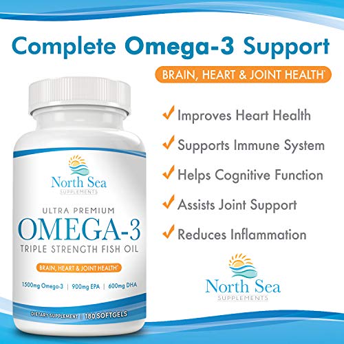 North Sea Supplements Triple Strength Omega-3 180 Softgel - Contains Omega-3 with EPA & DHA in a Burpless, Non-GMO, 2 Capsule Serving - Supports Heart, Brain, and Immune Health