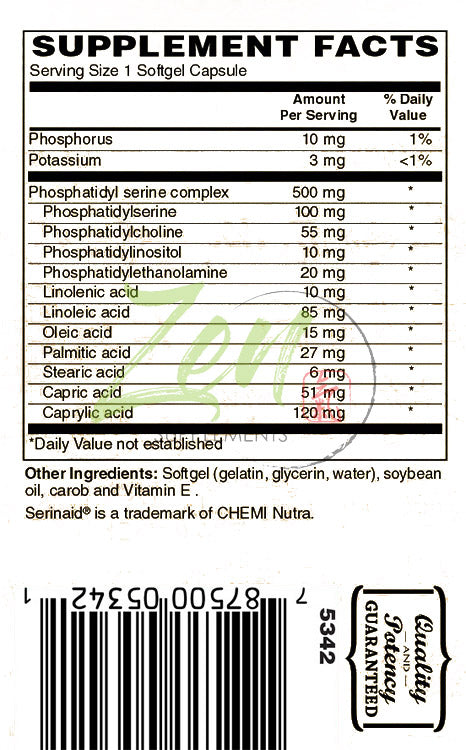 Zen Supplements - Phosphatidyl Serine Complex - Nootropic Support for Brain Health, Improved Cognition and Neurological Clarity 60-Softgel