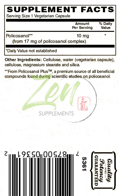 Zen Supplements - Policosanol 10 Mg - Antioxidant Supplement Supports Lower Cholesterol & Healthy Circulation 30-Vegcaps