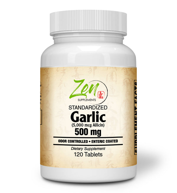 Zen Supplements - Garlic 500Mg Extract w/ 5,000 mcg Allicin - Enteric Coated 120-Tabs - Immune System & Healthy Heart Support Formula - Enteric Coated Tablets for Easy Swallowing & Digestion