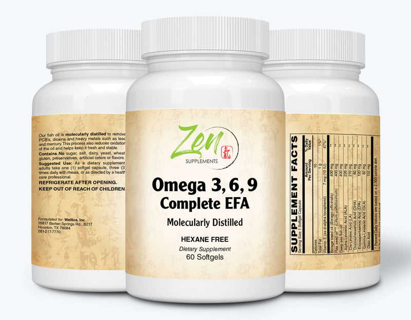 Zen Supplements - Omega 3-6-9 - Sourced from Deep Sea Fish, Flax Seed & Borage Oils. Purified with Molecular Distillation - Supports Heart and Circulatory Health 60-Softgel