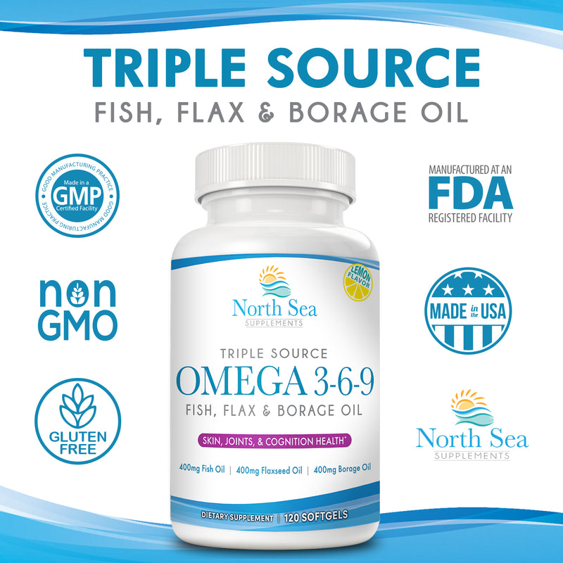 North Sea Supplements Triple Source Omega 3-6-9 120 Softgel - Support for Heart, Joint & Skin Health - Includes Flaxseed OIl & Borage Oil - Contains EPA & DHA - Omega 3 Fatty Acids