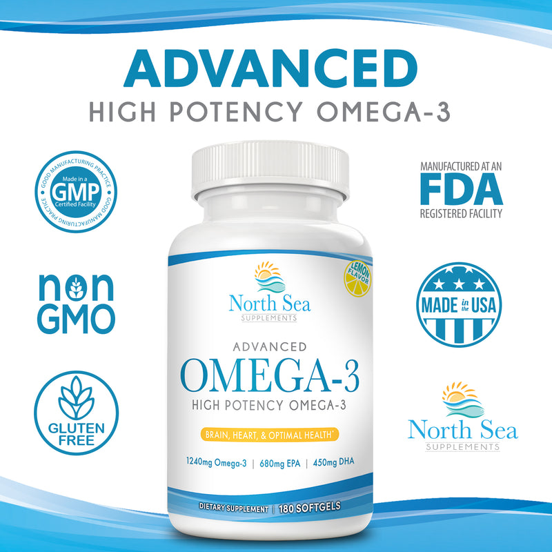 North Sea Supplements Advanced Omega-3 High Potency 180 Softgel - Contains Omega-3, EPA, & DHA in a Burpless, Non-GMO, 2 Capsule Serving - Supports Heart Health, Promotes Brain & Immune Health