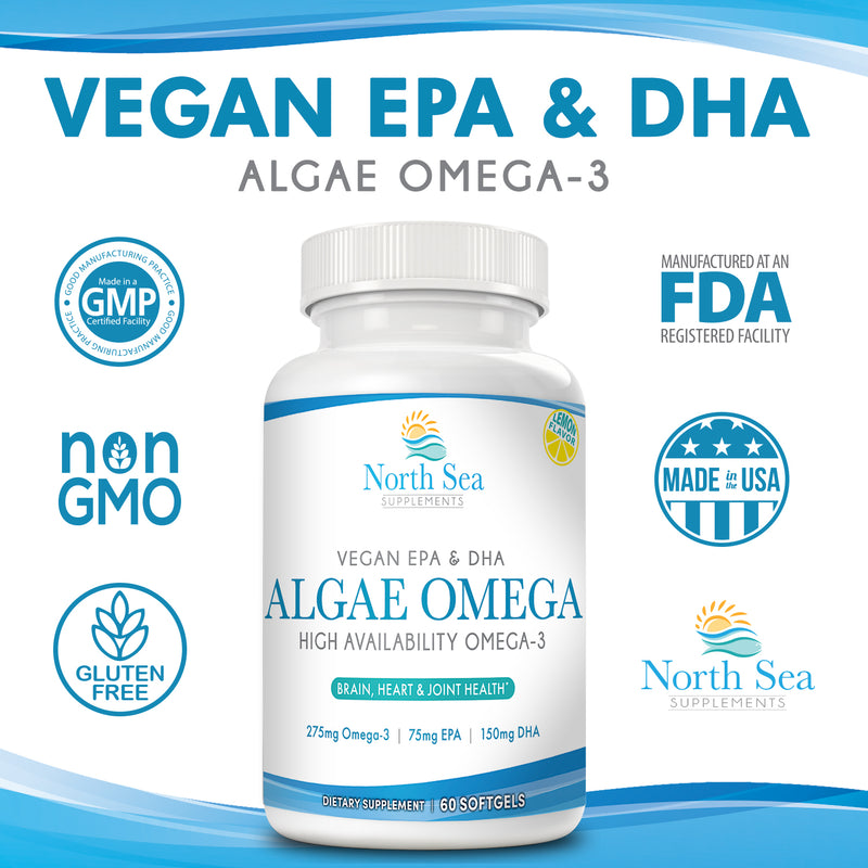 North Sea Supplements Vegan Algae Omega-3 60 Softgels - Plant Based Alternative to Fish Oil - Supports Heart, Brain, Joint Health - Sustainably Sourced Omega-3 from Algae - DHA & EPA Fatty Acids