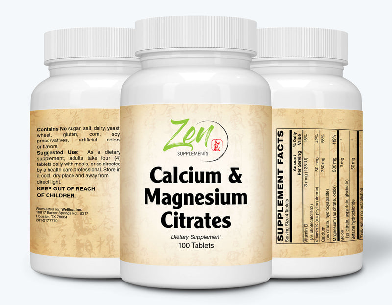 Zen Supplements - Calcium & Magnesium Citrates Supports Bone Health & Muscle Relaxation 100-Tabs