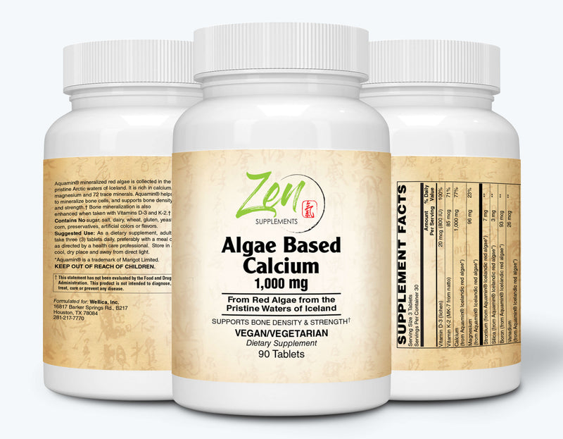 Zen Supplements - Algae Based Calcium, with Magnesium, Vegan D3 & Vegan K2 and trace minerals 90-Tabs - Plant-Based Calcium Supplement with Magnesium, Boron, Promotes Bone Strength - All Natural Ingredients to be Highly Absorbable